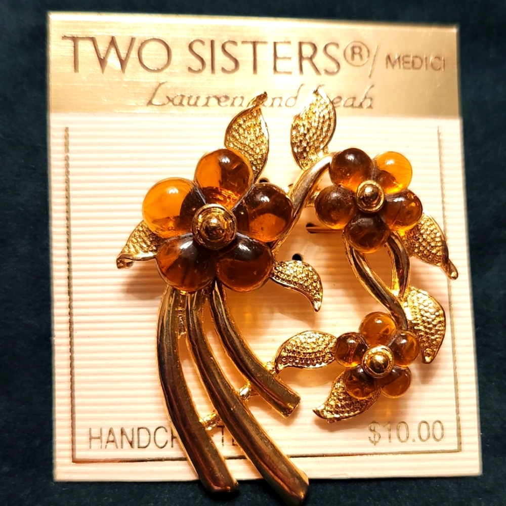 Vintage Brooch by Two Sisters L'Dici- Amber & Gold Flowers